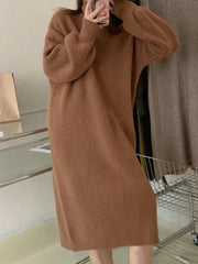 Solid Color Long Sleeves Loose High Neck Sweater Dresses Midi Dresses