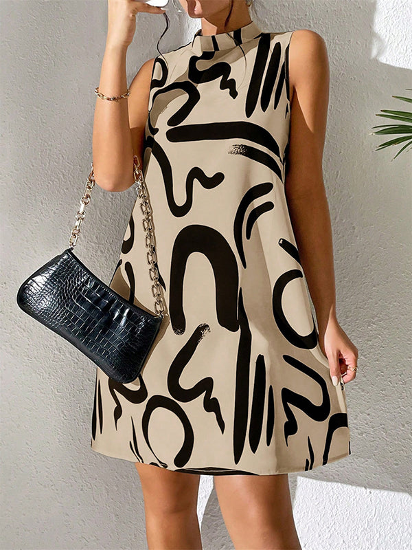 Contrast Color Printed A-line Sleeveless Mini Dresses