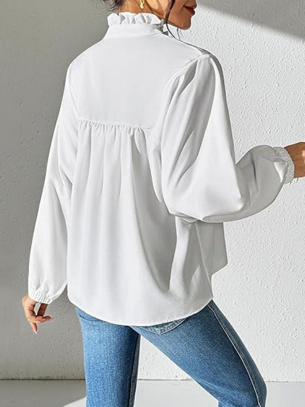 Pleated Ruffled Solid Color Long Sleeves Puff Sleeves Stand Collar Blouses&Shirts Tops