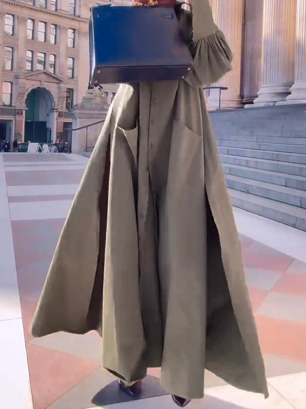 Long Sleeves Loose Solid Color Split-Joint Split-Side Lapel Maxi Dresses Shirt Dress