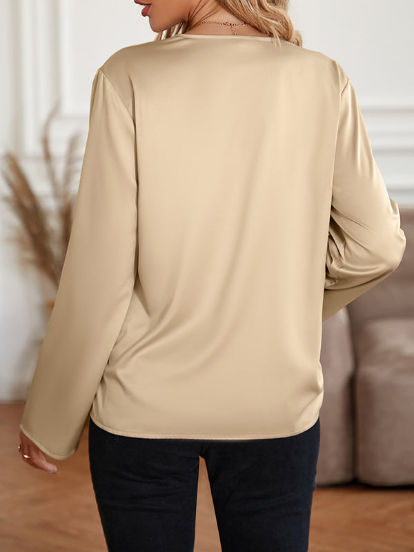 Elasticity Solid Color Long Sleeves Loose V-neck Blouses&shirts Tops