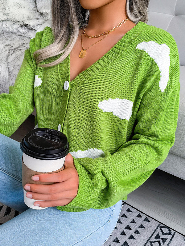 Buttoned Split-Joint Long Sleeves Loose V-Neck Cardigan Tops