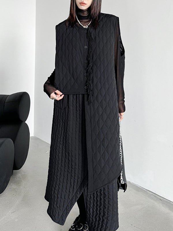 Asymmetric Buttoned Quilted Solid Color Tasseled Loose Sleeveless U-neck Padded Vest