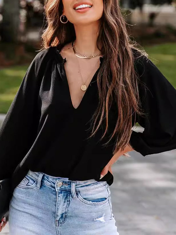 Elasticity Pleated Ruffle Trim Solid Color Long Sleeves Loose Deep V-Neck T-Shirts Tops