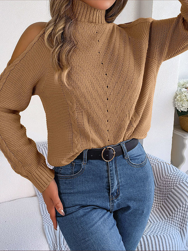 Solid Color Split-Joint Long Sleeves Loose Cold Shoulder Sweater Tops
