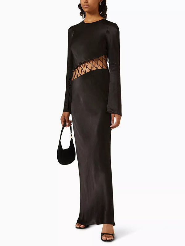 Hollow Solid Color High Waisted Long Sleeves Round-Neck Maxi Dresses