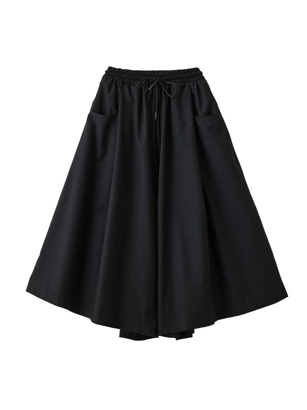 Drawstring Elasticity Pockets Solid Color A-Line High Waisted Pants Culotte