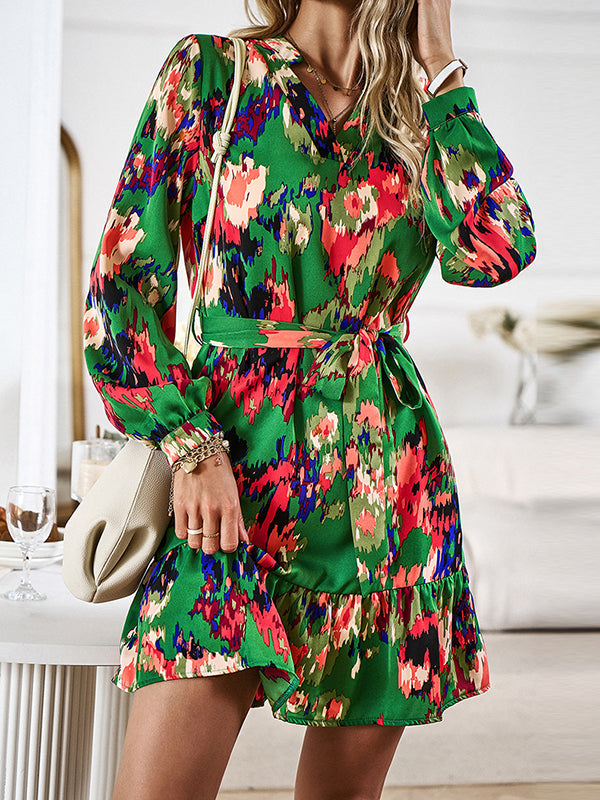 Printed Split-Joint Tied Waist Long Sleeves Loose V-Neck Mini Dresses