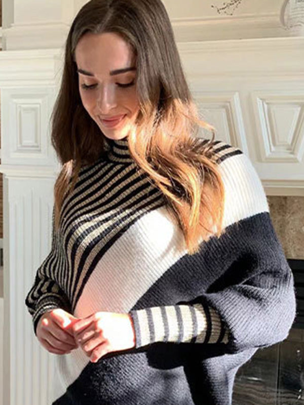 Trendy Batwing Sleeves Long Sleeves Striped High-Neck Sweater Tops