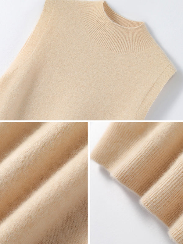 Stylish Wool Sleeveless Solid Color Half Turtleneck Vest Top