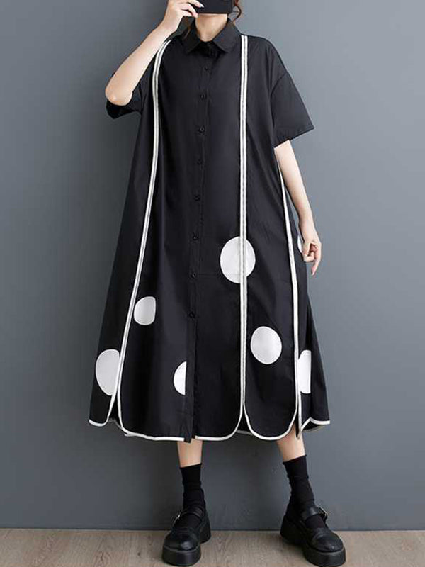 Buttoned Pockets Polka-Dot Split-Front Split-Joint A-Line Half Sleeves Lapel Shirt Dress Midi Dresses