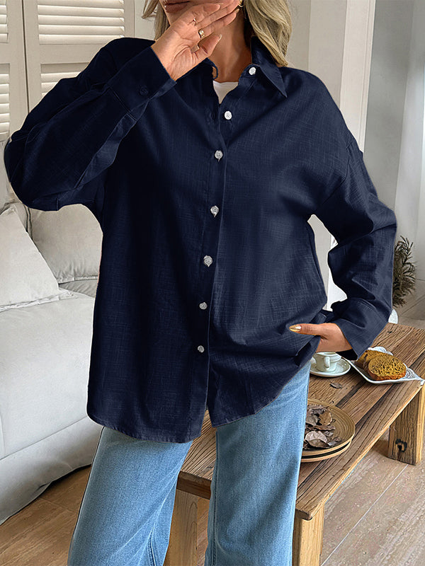 Buttoned Solid Color Long Sleeves Loose Lapel Blouses&shirts Tops