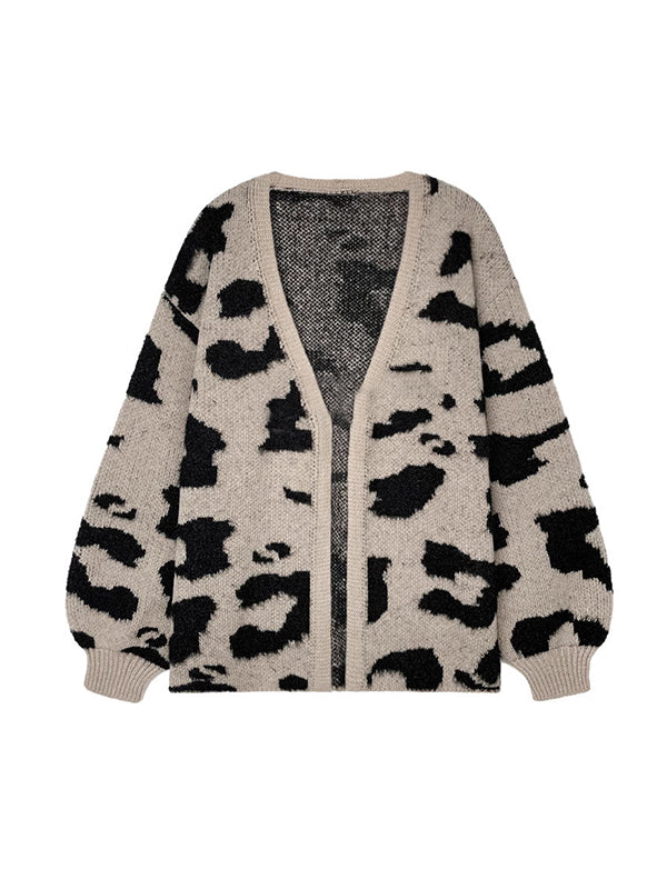 Contrast Color Leopard Print Long Sleeves Loose Cardigan Tops