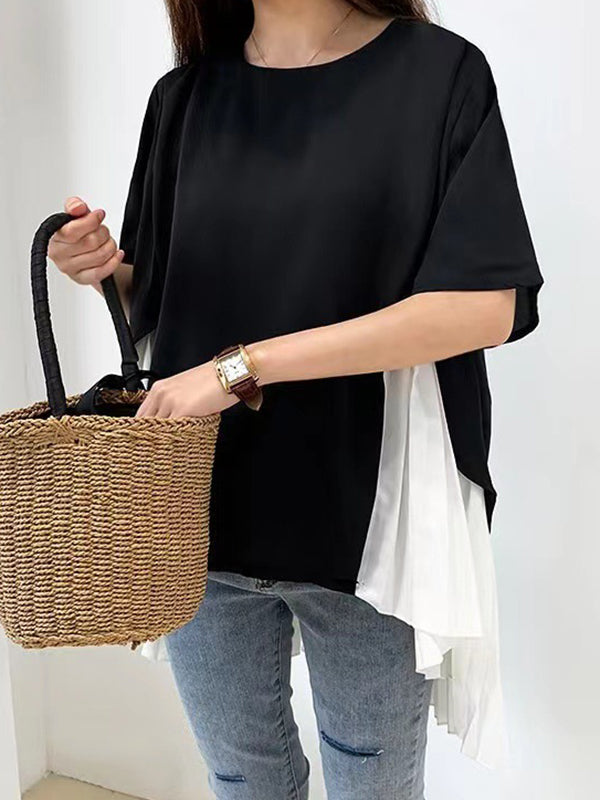 Pleated Split-Joint High-Low Loose Round-Neck T-Shirts Tops