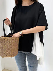Pleated Split-Joint High-Low Loose Round-Neck T-Shirts Tops