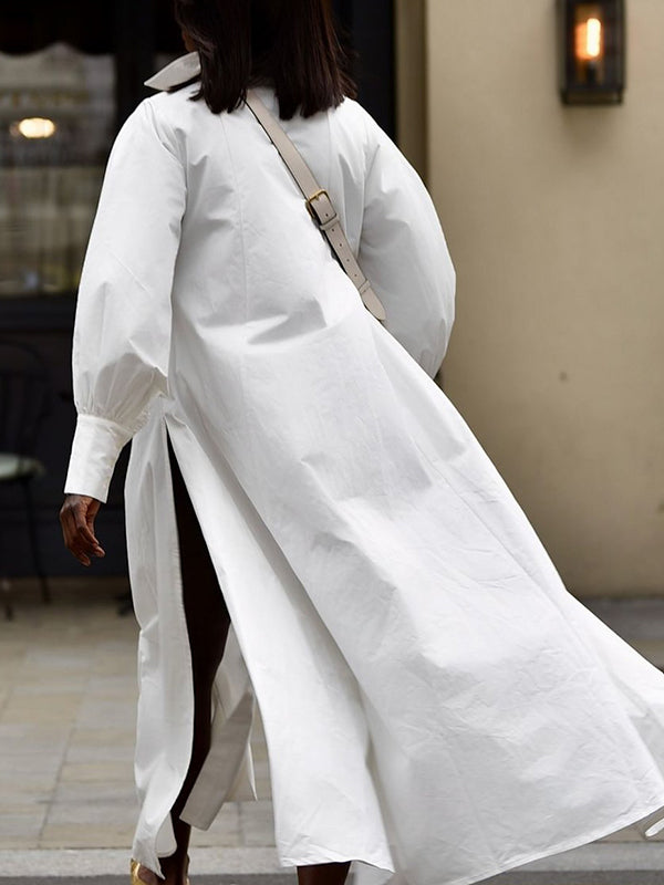 Buttoned Pockets Solid Color Long Sleeves Loose Lapel Shirt Dress Maxi Dresses