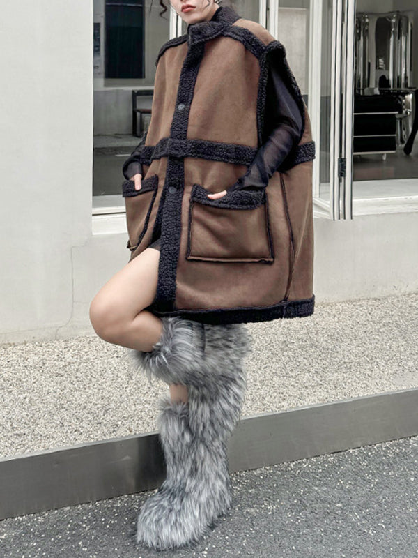Buttoned Pockets Split-Joint Loose Sleeveless Stand Collar Vest Outerwear