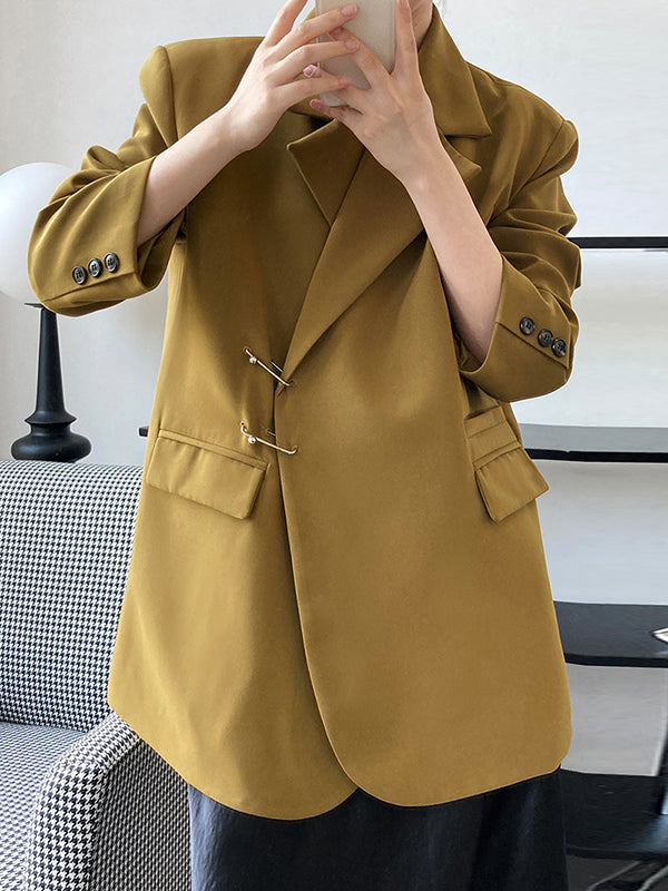 Urban Long Sleeves Loose Solid Color Pin Lapel Collar Suit Outerwear