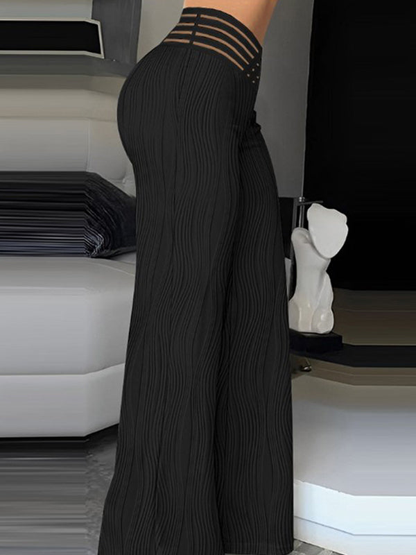 Elasticity Hollow Pleated Solid Color Loose Wide Leg Trousers Pants