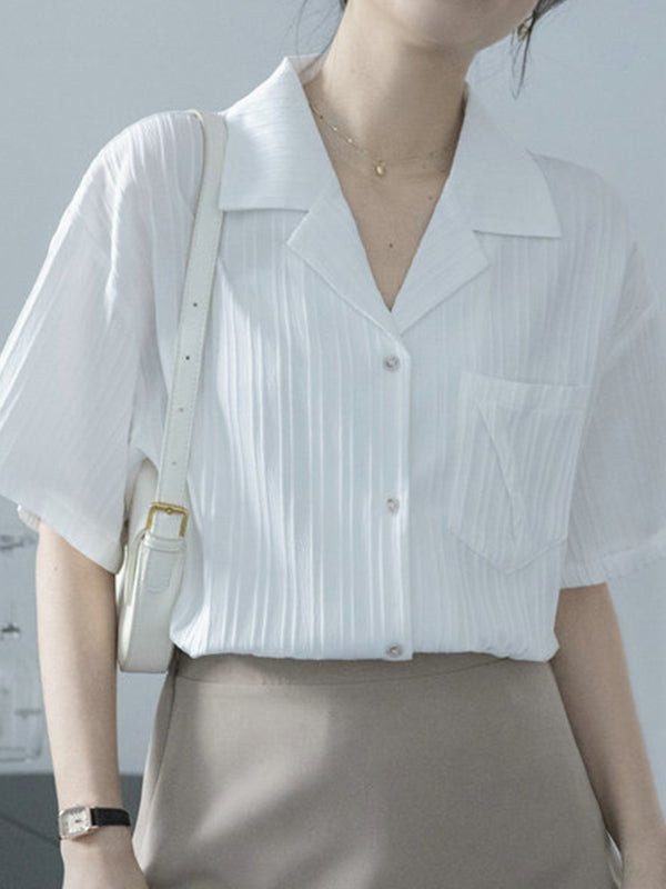 Buttoned Pockets Solid Color Split-Joint Loose Short Sleeves Notched Collar Blouses&Shirts Tops