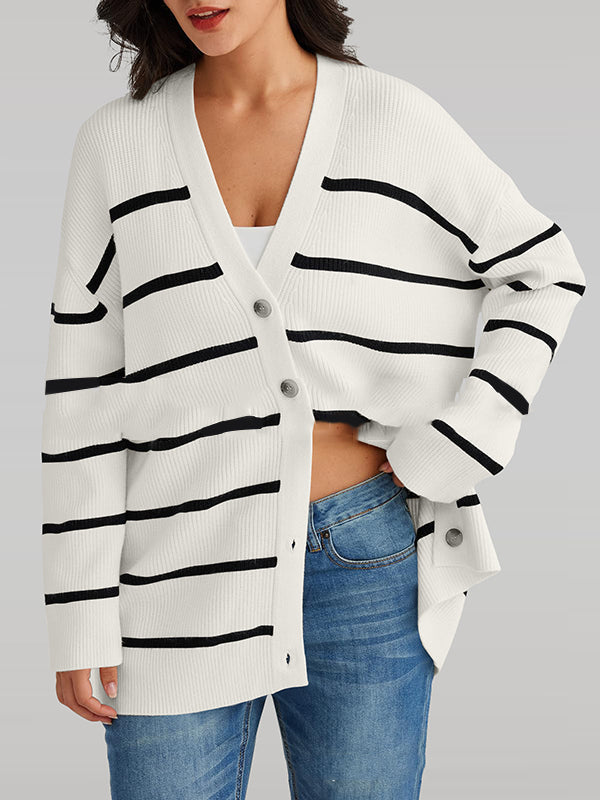 Split-Joint Striped Long Sleeves Loose V-Neck Cardigan Tops