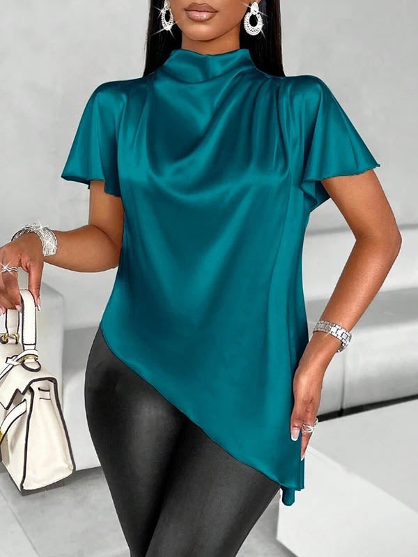 Asymmetric Solid Color Loose Short Sleeves Mock Neck Blouses&Shirts Tops