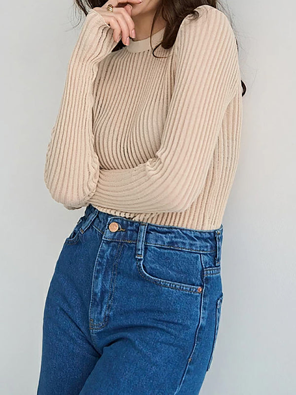 See-Through Split-Joint Long Sleeves Skinny Round-Neck T-Shirts