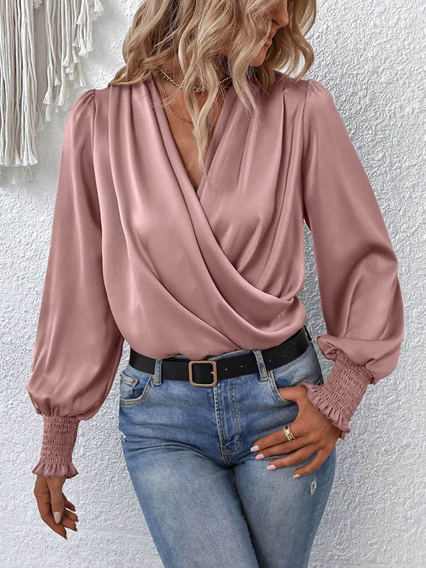 Elasticity Solid Color Long Sleeves Loose V-Neck Blouses&Shirts Tops