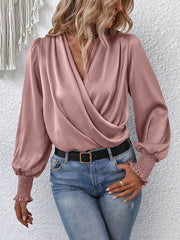 Elasticity Solid Color Long Sleeves Loose V-Neck Blouses&Shirts Tops