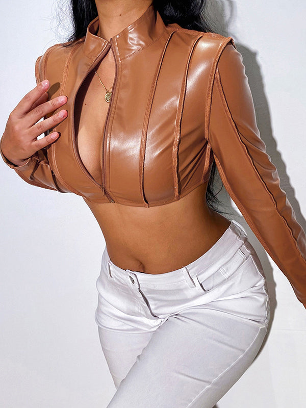 Solid Color Zipper Long Sleeves Stand Collar Outerwear