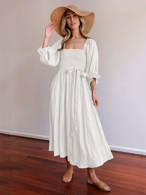 Original A-Line Loose Hollow Solid Color V-Neck Midi Dresses