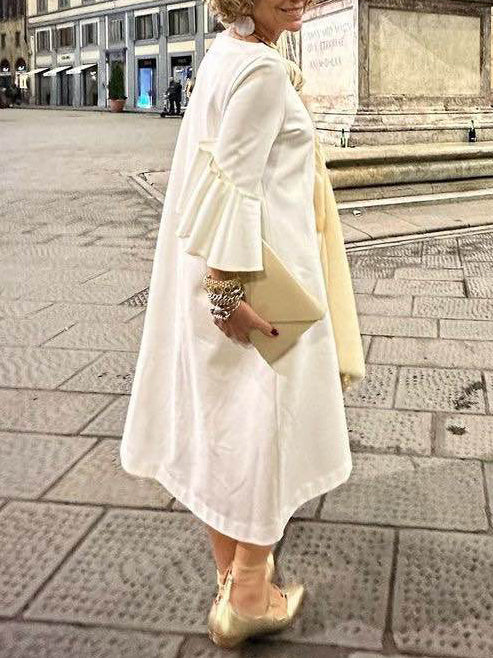 Solid Color Loose Three-quarter Sleeves Round-neck Midi Dresses