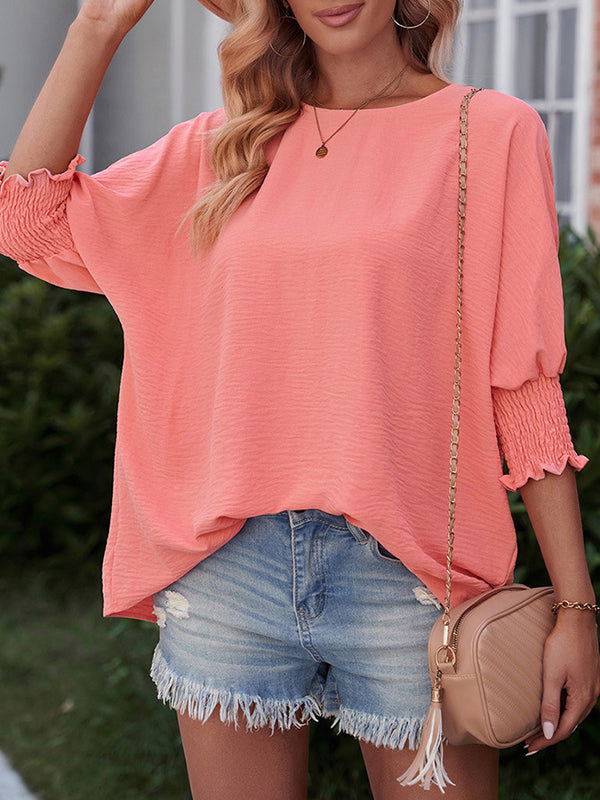 Elasticity Solid Color Split-Joint Half Sleeves Loose Round-Neck T-Shirts Tops