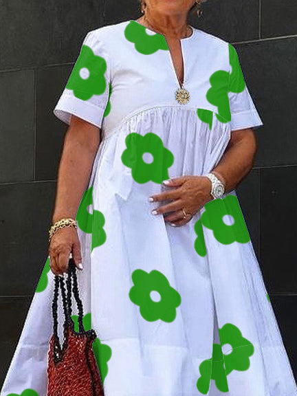 Flower Print Pleated Split-Joint A-Line Loose Round-Neck Midi Dresses