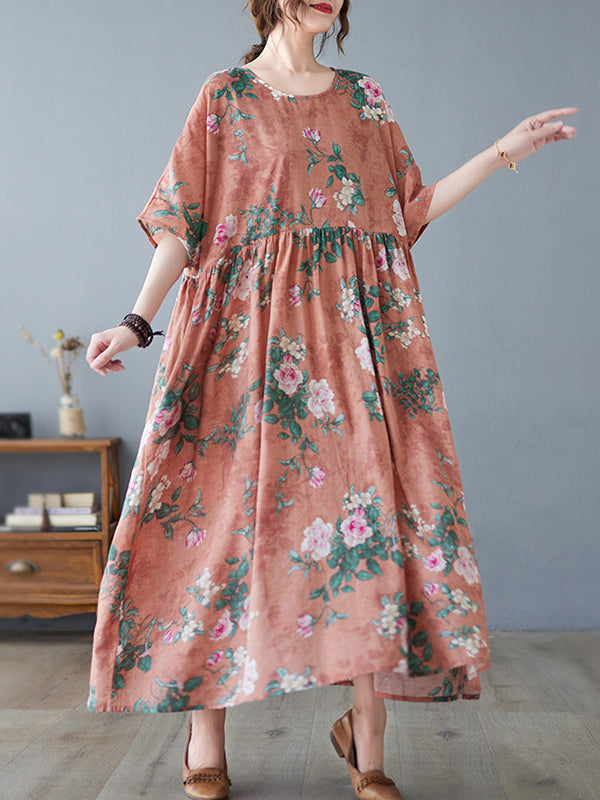 Artistic Retro Loose Original Floral Printed Pleated Midi Dress