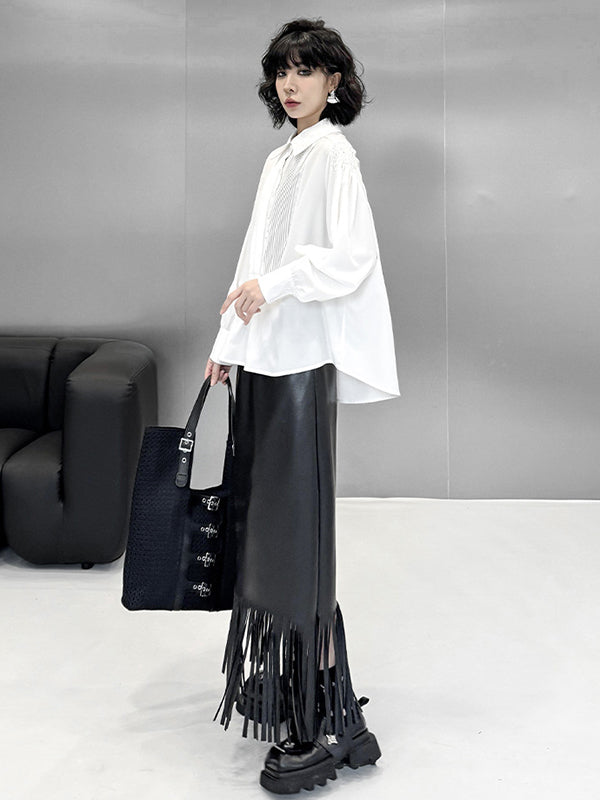 Buttoned Pleated Solid Color Long Sleeves Loose Polo Blouses&Shirts Tops