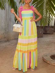 Contrast Color Pleated Split-Joint Zipper Loose Sleeveless Spaghetti-Neck Maxi Dresses