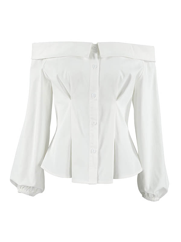 Buttoned Elasticity Pockets Solid Color Long Sleeves Loose Off-The-Shoulder Blouses&Shirts Tops