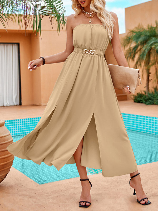 Belted Elasticity Split-Front A-Line Loose Tube Midi Dresses