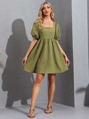 Simple Casual 4 Colors Tied Square-Neck Puff Sleeves Mini Dress