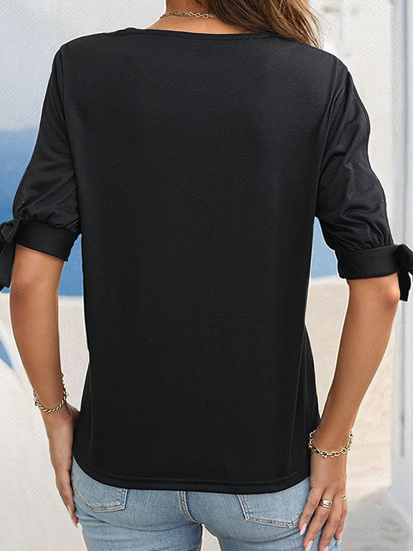 Hollow Split-Joint Tied Half Sleeves Loose Round-Neck T-Shirts Tops