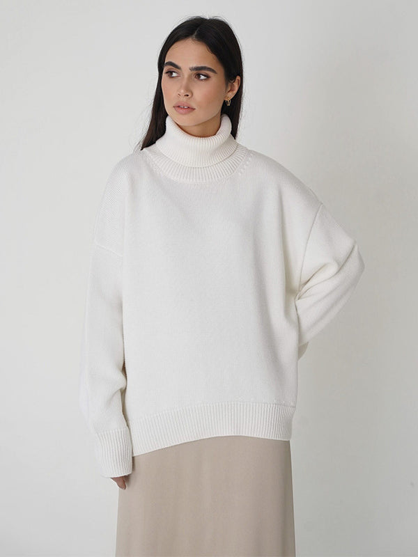 Casual Long Sleeves Loose Solid Color High-Neck Sweater Tops