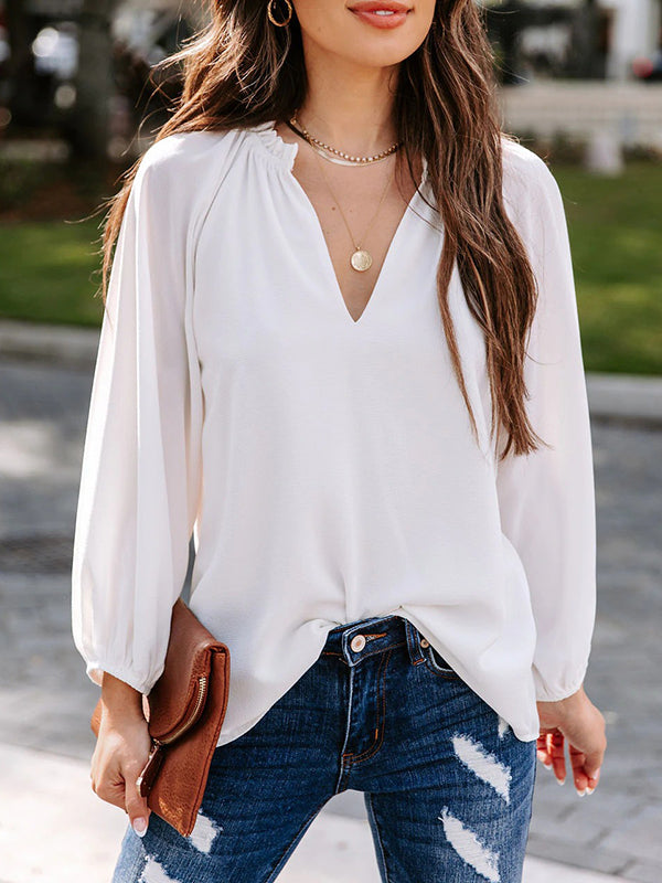 Elasticity Pleated Ruffle Trim Solid Color Long Sleeves Loose Deep V-Neck T-Shirts Tops
