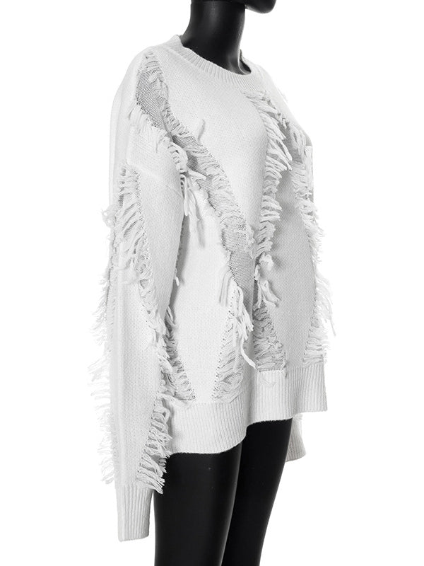 Solid Color Tasseled Long Sleeves Loose Round-Neck Sweater Tops Pullovers