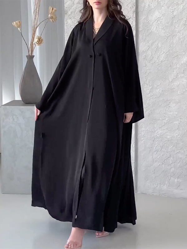 Solid Color Loose Buttoned Pleated Lapel Collar Long Sleeves Maxi Dresses