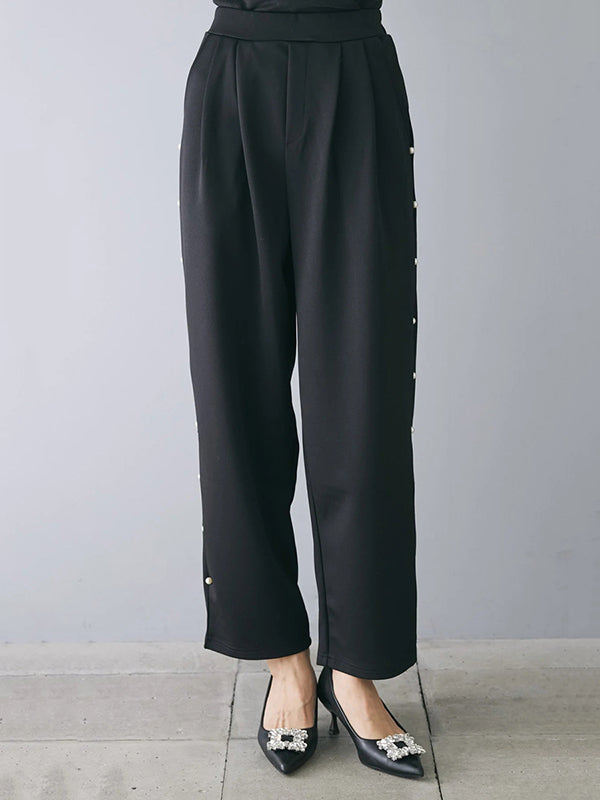 Beaded Ruffled Solid Color Half Sleeves Round-Neck T-Shirts Tops&Pants Two Pieces Set