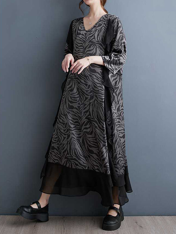 Ruffled Split-Joint Zebra-Stripe A-Line Batwing Sleeves V-Neck Midi Dresses