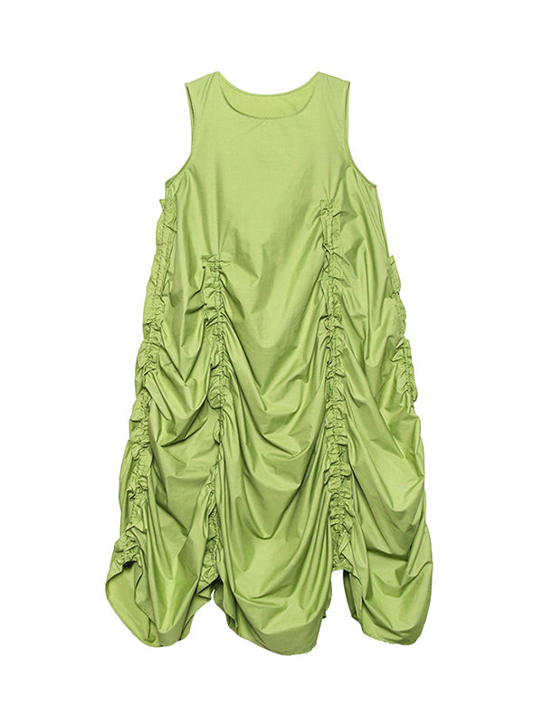 Pleated Solid Color Loose Sleeveless Round-neck Midi Dresses