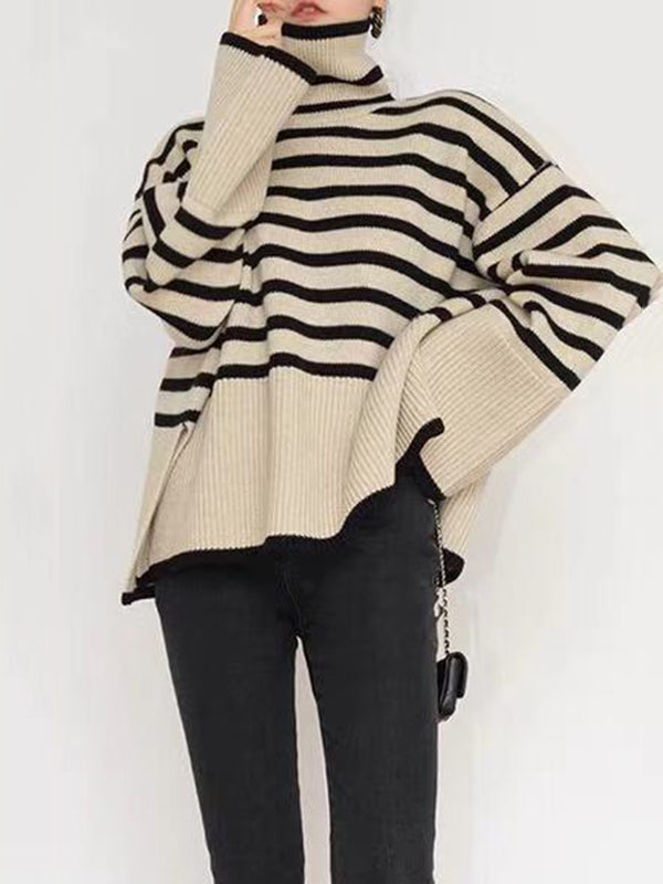 Contrast Color Split-Joint Split-Side Striped Long Sleeves Loose High Neck Sweater Tops