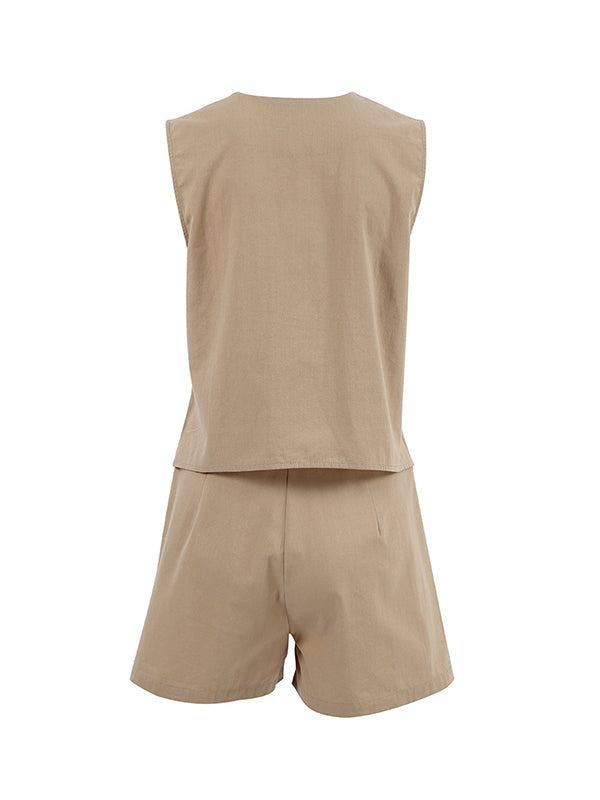 Sleeveless Buttoned Loose Pockets V-Neck Vest Top + Shorts Bottom Two Pieces Set